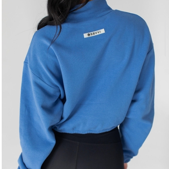 SAVVI Women's Cobalt Blue Cropped Sweatshirt with Yellow Drawstring - Picture 6 of 7